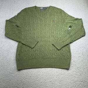 VINTAGE Polo Ralph Lauren Sweater Men Large Green Silk Cable Knit Academia Pony